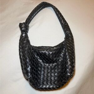 Black Woven Leather Hobo Shoulder Bag